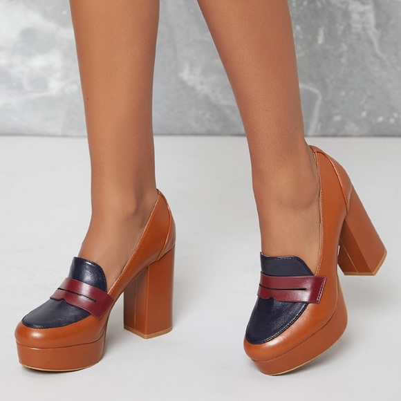 Shoes - Tan Multi Color High Heel Platform Penny Loafer